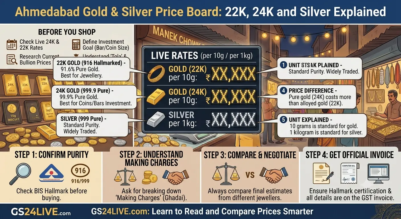 How to Read Ahmedabad Gold Price Board: 22K, 24K and Silver Explained