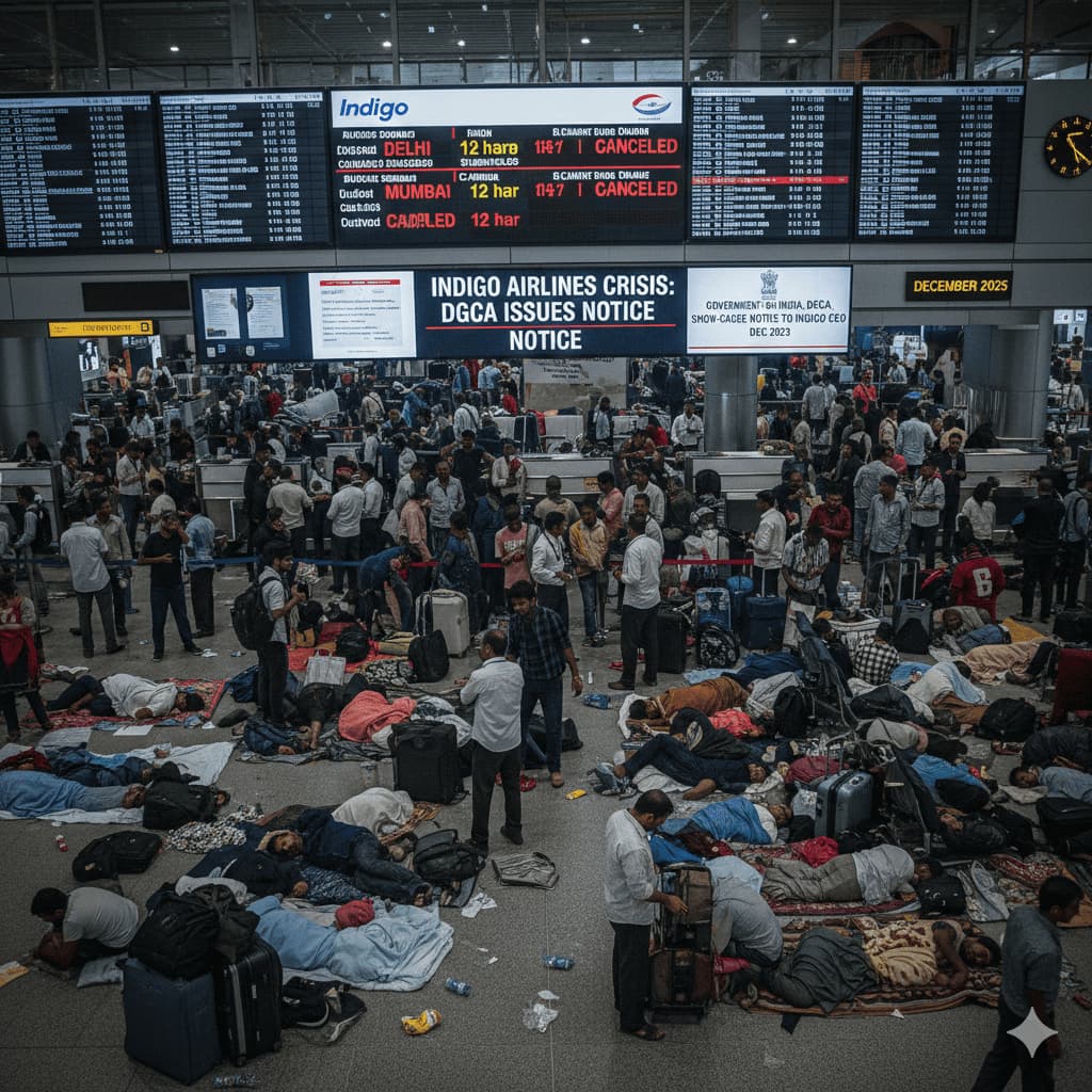 IndiGo Airlines સંકટ 2025: DGCA Notice, ફ્લાઇટ રદ, મુસાફરોની મુશ્કેલી અને બજાર પર અસર